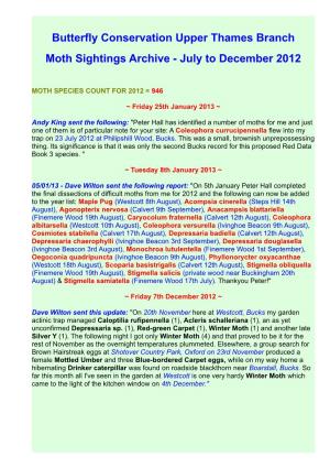 Butterfly Conservation Upper Thames Branch Moth Sightings Archive - July to December 2012