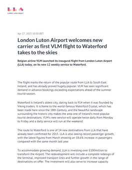 London Luton Airport Welcomes New Carrier As First VLM Flight to Waterford Takes to the Skies