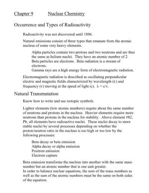 Chapter 9 Nuclear Chemistry Occurrence and Types Of
