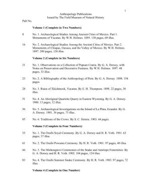 1 Anthropology Publications Issued by the Field Museum of Natural History Pub No. Volume 1 (Complete in Two Numbers) 8 No. 1. Ar