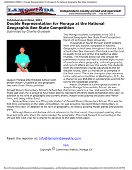 Double Representation for Moraga at the National Geographic Bee State Competition