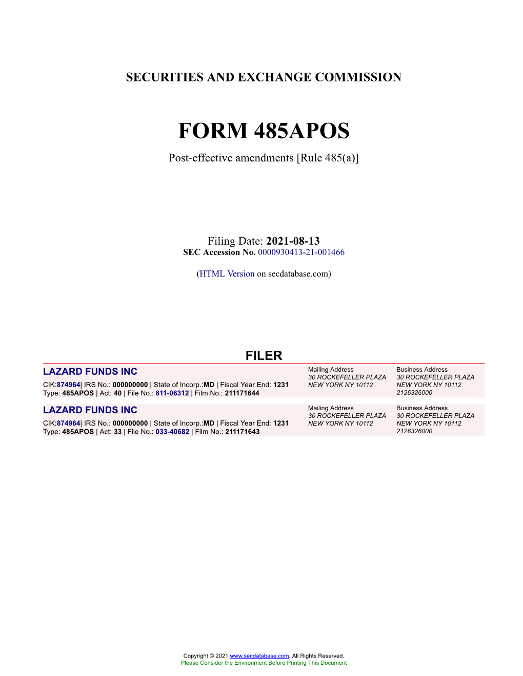 LAZARD FUNDS INC Form 485APOS Filed 2021