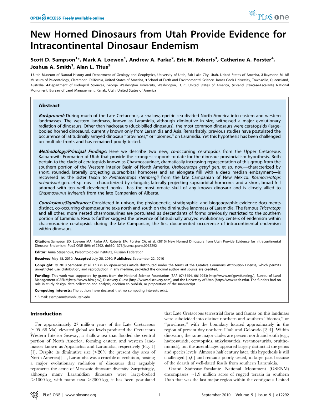 New Horned Dinosaurs from Utah Provide Evidence for Intracontinental Dinosaur Endemism