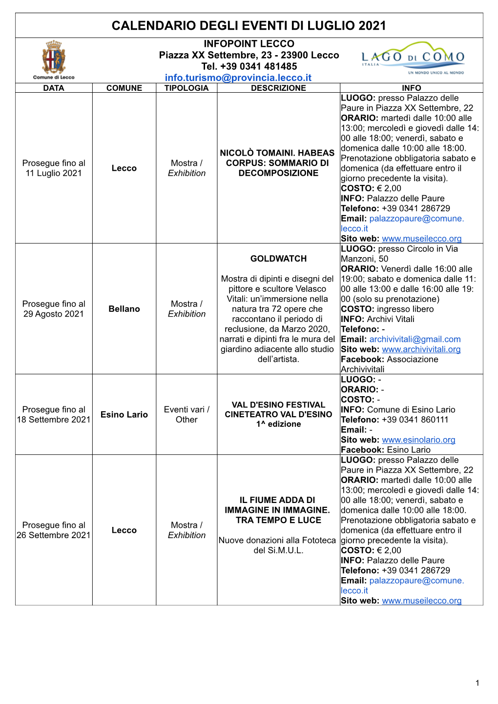 CALENDARIO DEGLI EVENTI DI LUGLIO 2021 INFOPOINT LECCO Piazza XX Settembre, 23 - 23900 Lecco Tel