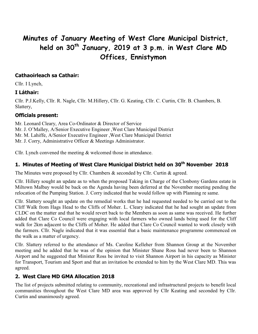 West Clare Municipal District Minutes of January 2019 Meeting