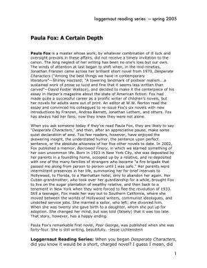 Paula Fox: a Certain Depth
