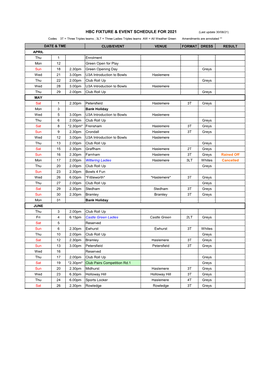 Hbc Fixture & Event Schedule for 2021