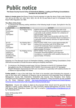 The Essex County Council (City of Chelmsford) (Waiting, Loading and Parking Consolidation) (Variation No.34) Order 201*