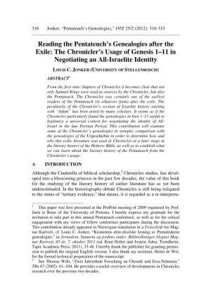 Reading the Pentateuch's Genealogies After the Exile: the Chronicler's Usage of Genesis 1–11 in Negotiating an All-Israeli