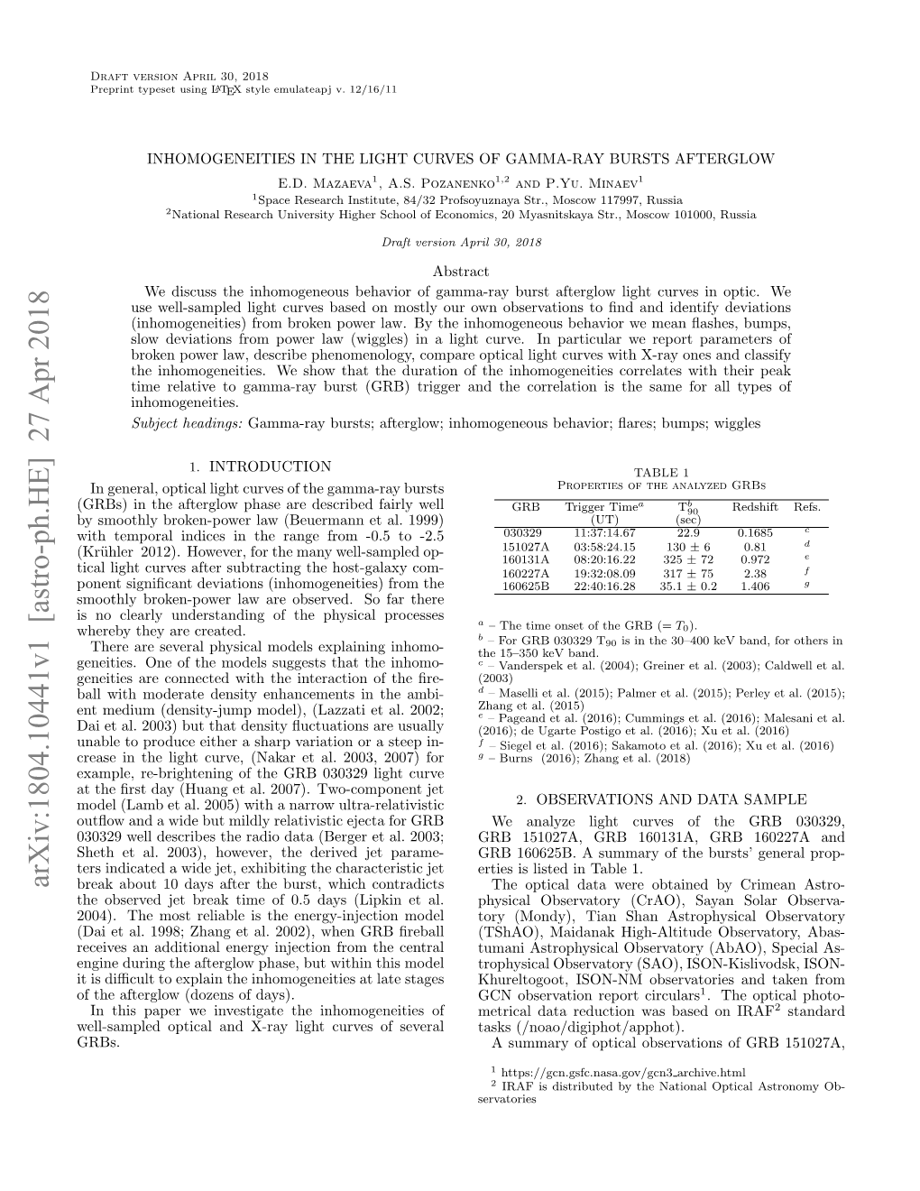 Inhomogeneities in the Light Curves of Gamma-Ray Bursts Afterglow E.D