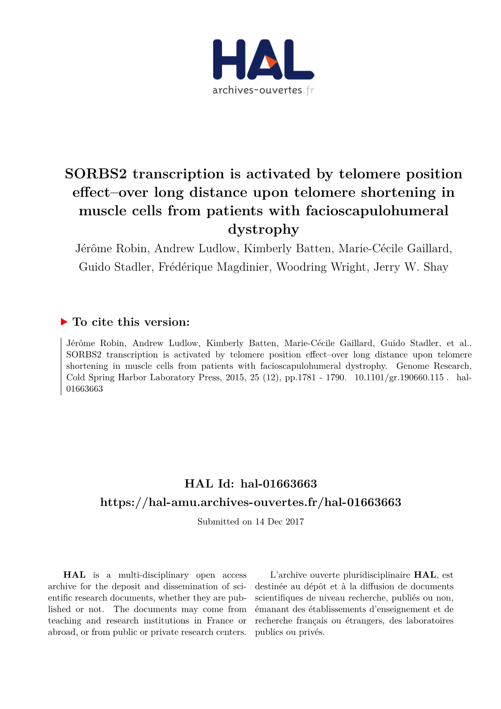 SORBS2 Transcription Is Activated by Telomere Position Effect–Over Long Distance Upon Telomere Shortening in Muscle Cells From