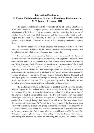 International Seminar on St Thomas Christians Through the Ages: a Historiographical Approach 30, 31 January, 1 February 2018
