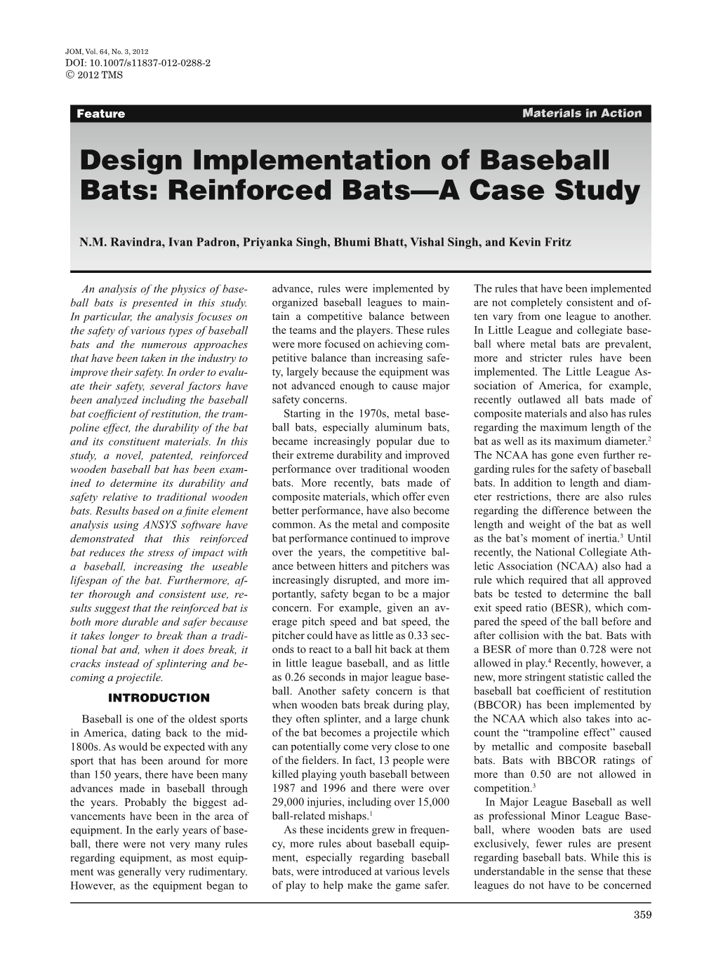 Design Implementation of Baseball Bats: Reinforced Bats—A Case Study