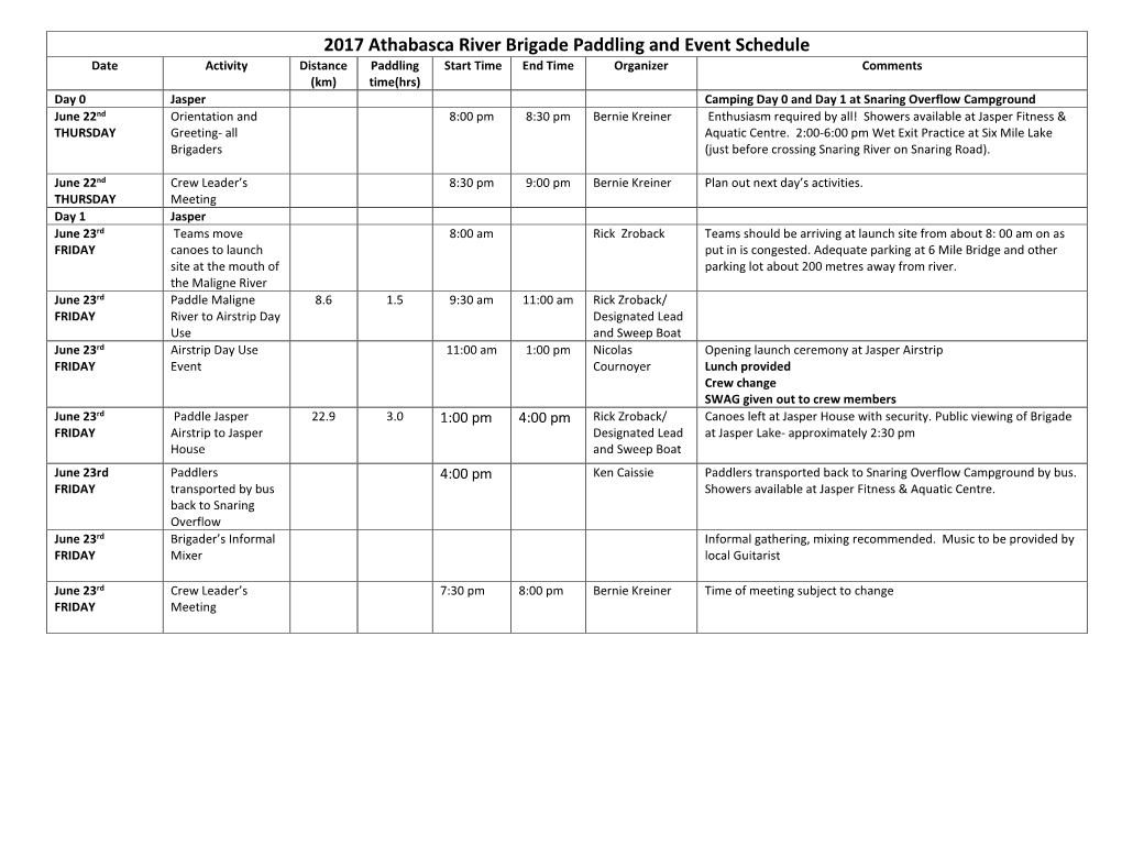 2017 Athabasca River Brigade Paddling and Event Schedule