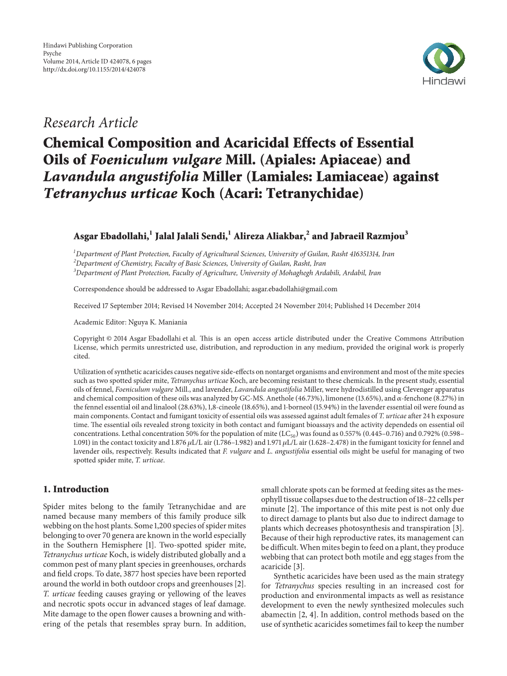 Chemical Composition and Acaricidal Effects of Essential Oils of Foeniculum Vulgare Mill