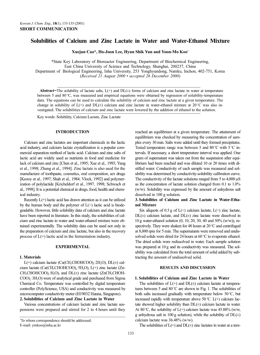 Solubilities of Calcium and Zinc Lactate in Water and Water-Ethanol Mixture