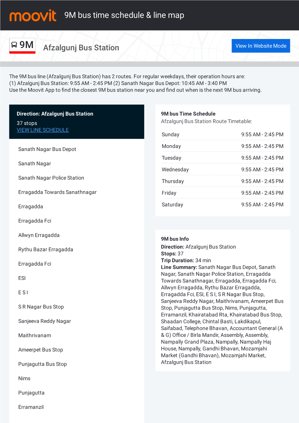 9M Bus Time Schedule & Line Route