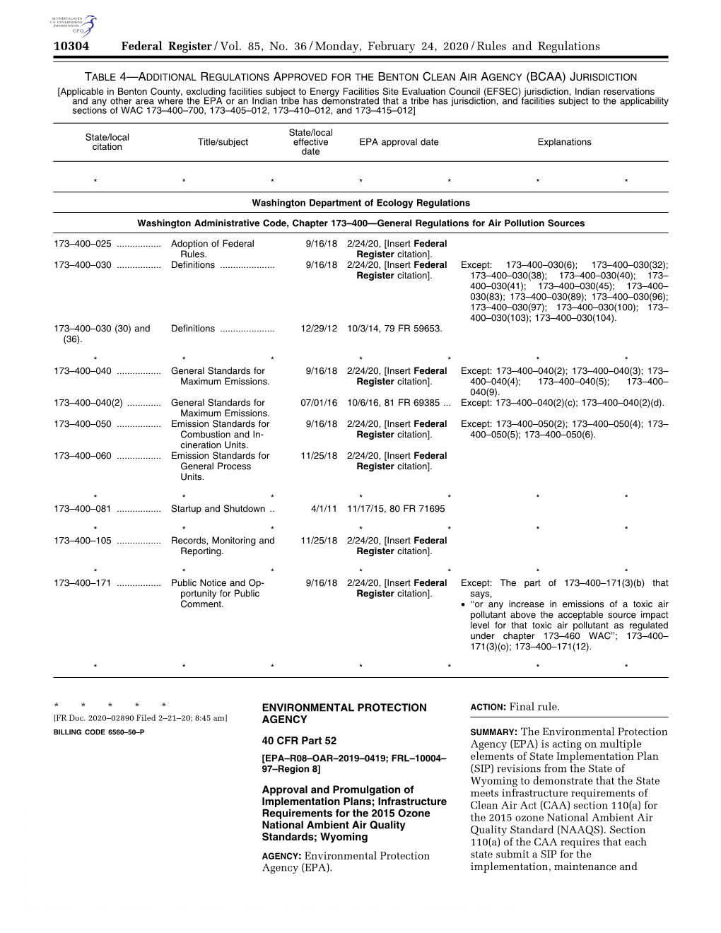 Federal Register/Vol. 85, No. 36/Monday, February 24, 2020