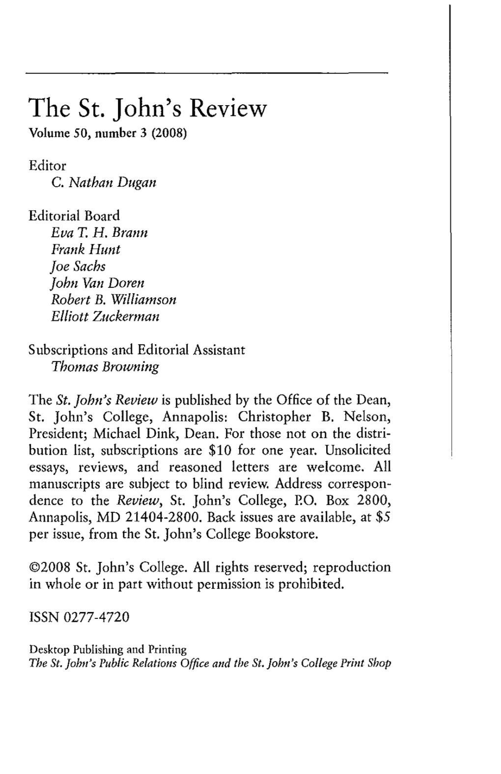 The St. John's Review Volume 50, Number 3 (2008)