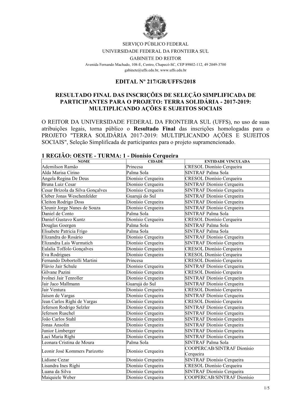Edital Nº 217/Gr/Uffs/2018 Resultado Final Das Inscrições De Seleção Simplificada De Participantes Para O Projeto: Terra So