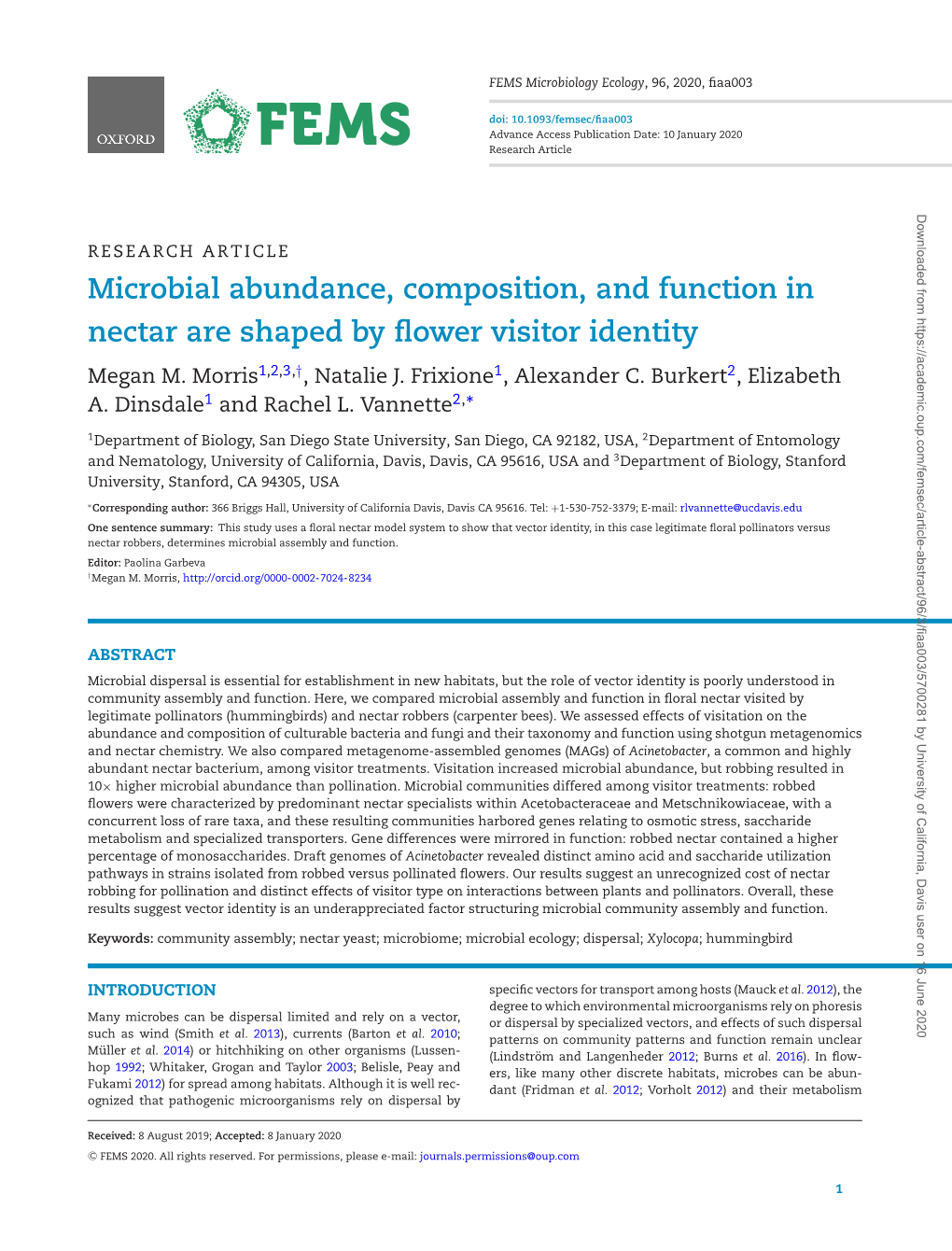 Microbial Abundance, Composition, and Function in Nectar Are Shaped by Flower Visitor Identity Megan M