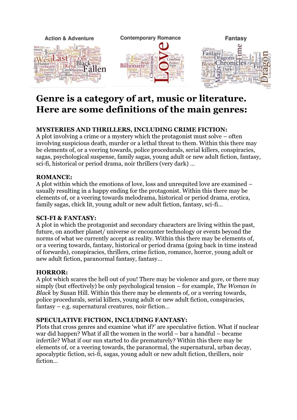 Genre Is a Category of Art, Music Or Literature. Here Are Some Definitions of the Main Genres