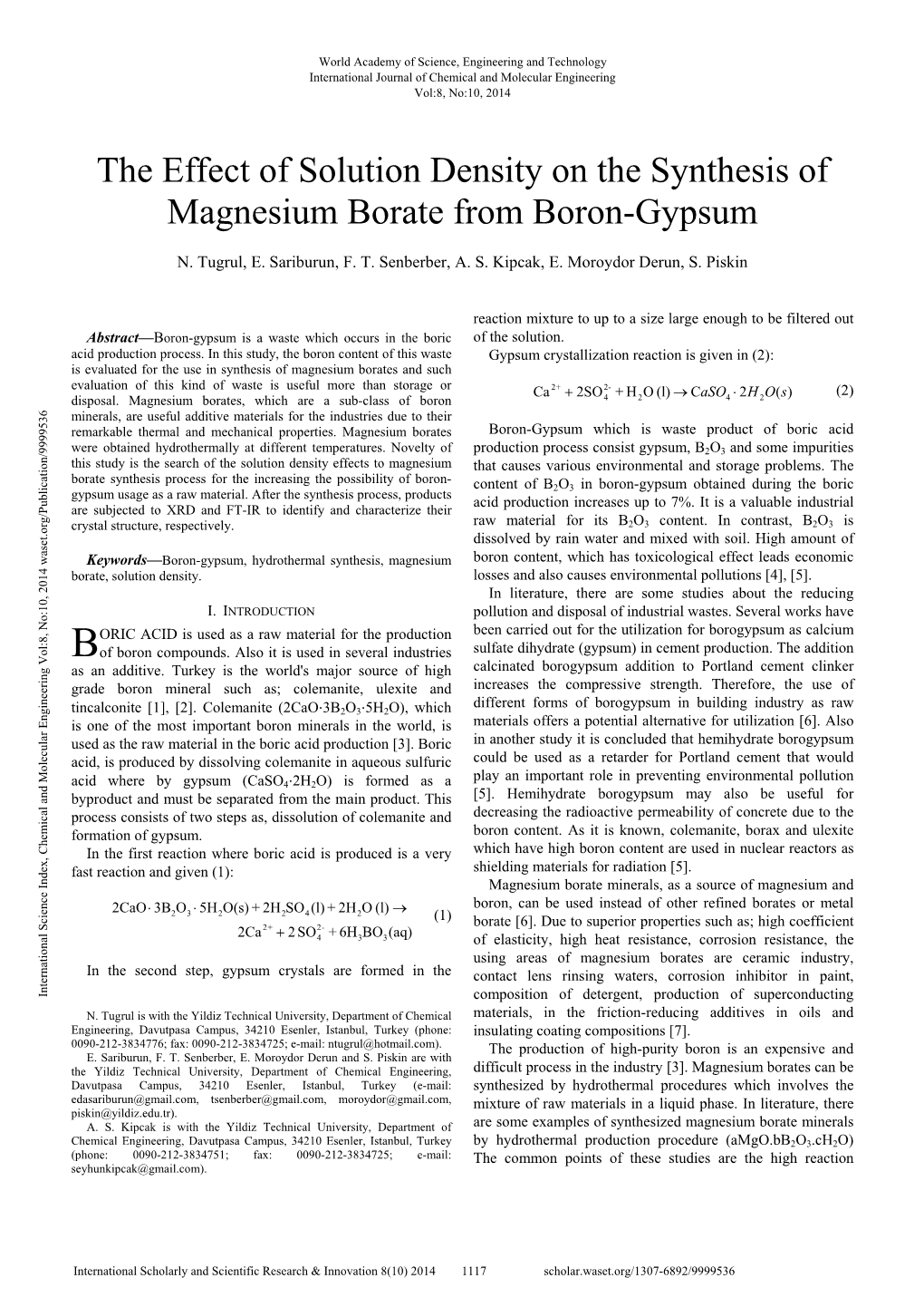 The Effect of Solution Density on the Synthesis of Magnesium Borate from Boron-Gypsum