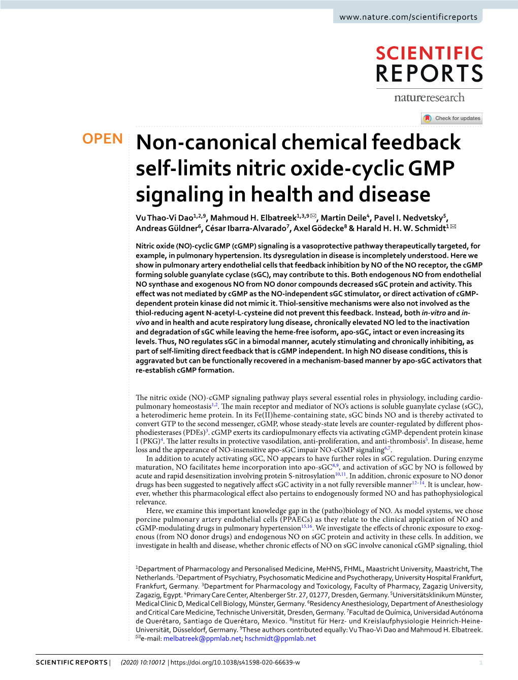 Non-Canonical Chemical Feedback Self-Limits Nitric Oxide-Cyclic GMP Signaling in Health and Disease Vu Thao-Vi Dao1,2,9, Mahmoud H