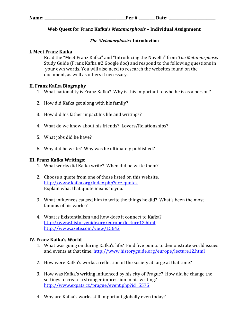 Web Quest for Franz Kafka S Metamorphosis Individual Assignment