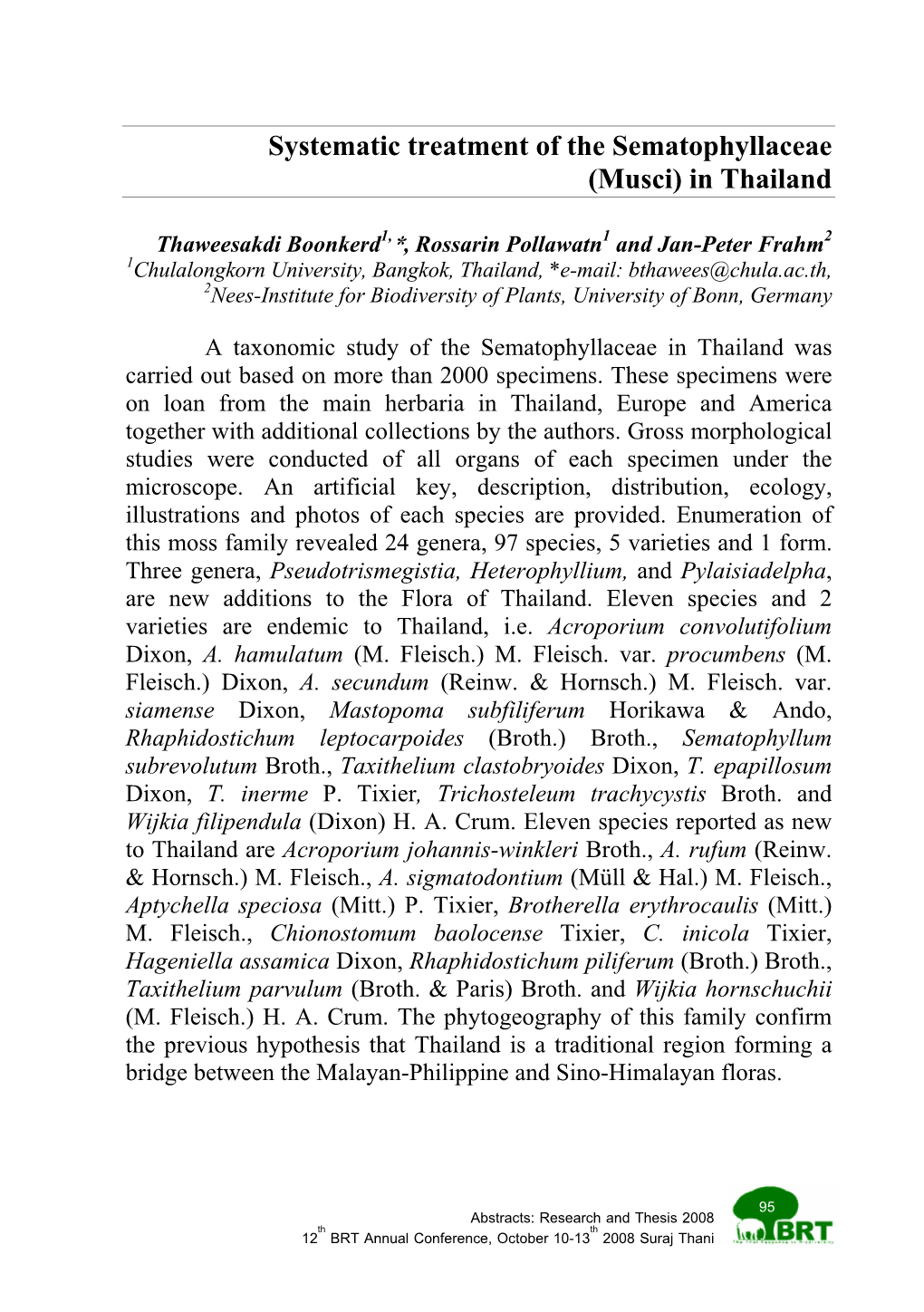 Systematic Treatment of the Sematophyllaceae (Musci) in Thailand