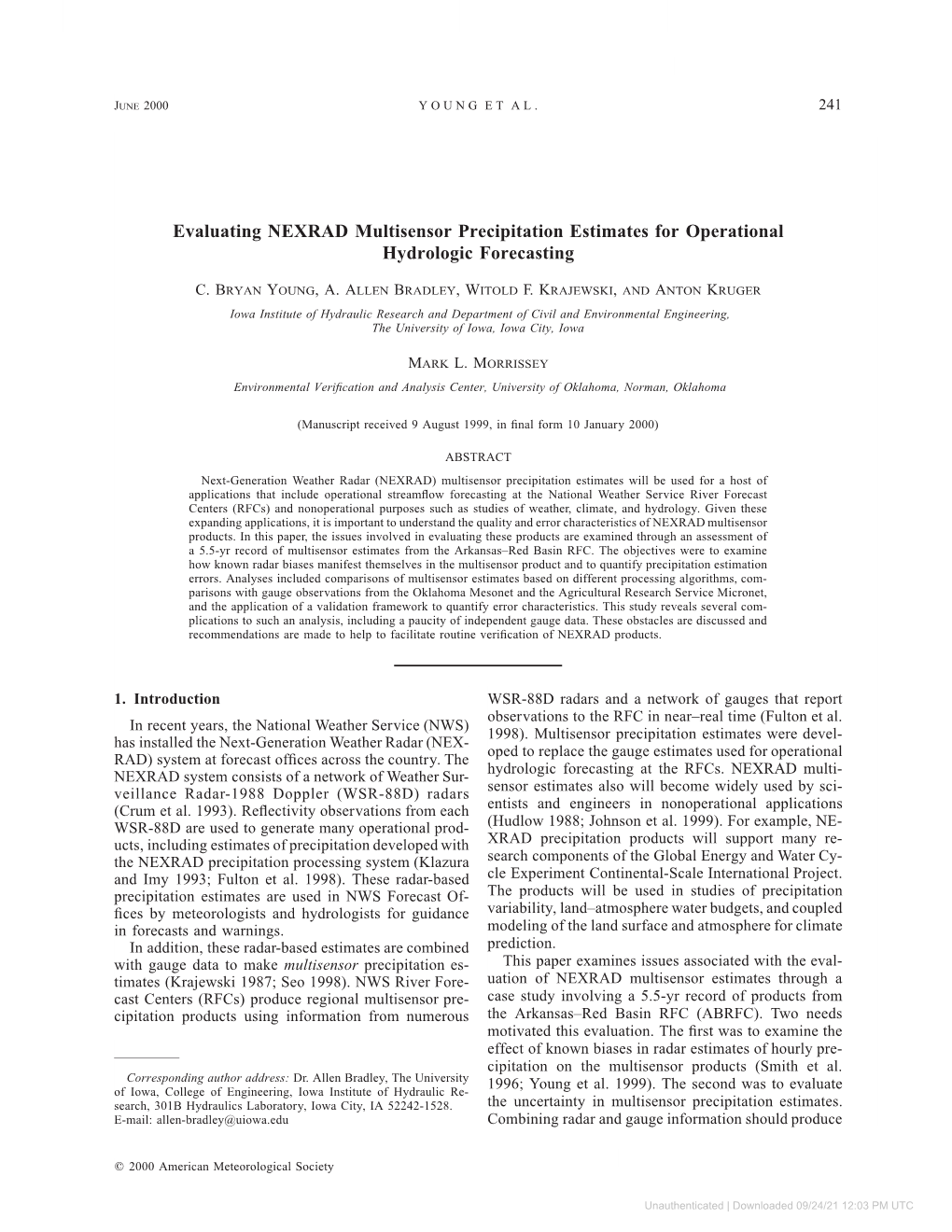 Evaluating NEXRAD Multisensor Precipitation Estimates for Operational Hydrologic Forecasting