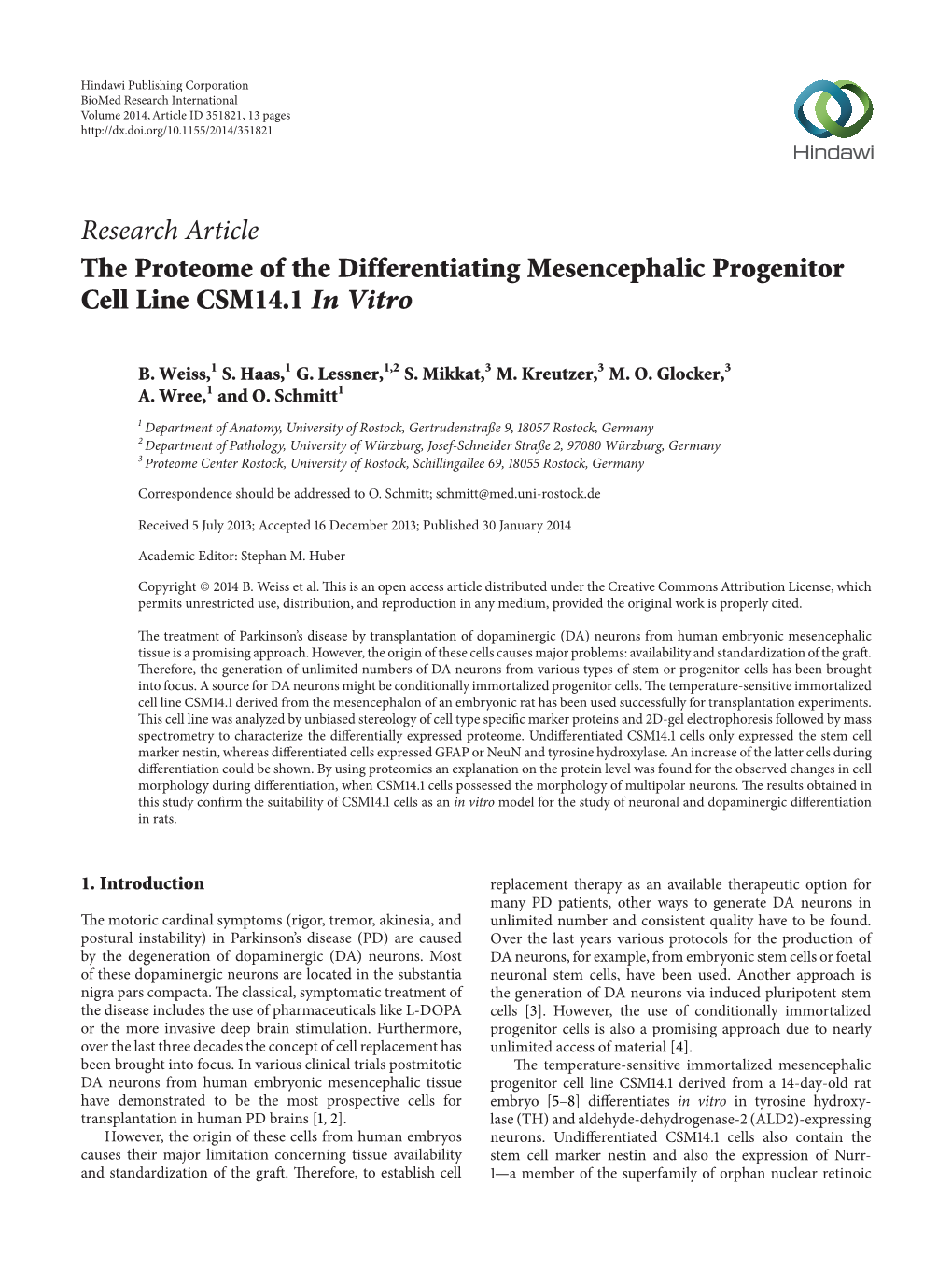 The Proteome of the Differentiating Mesencephalic Progenitor Cell Line CSM14.1 in Vitro