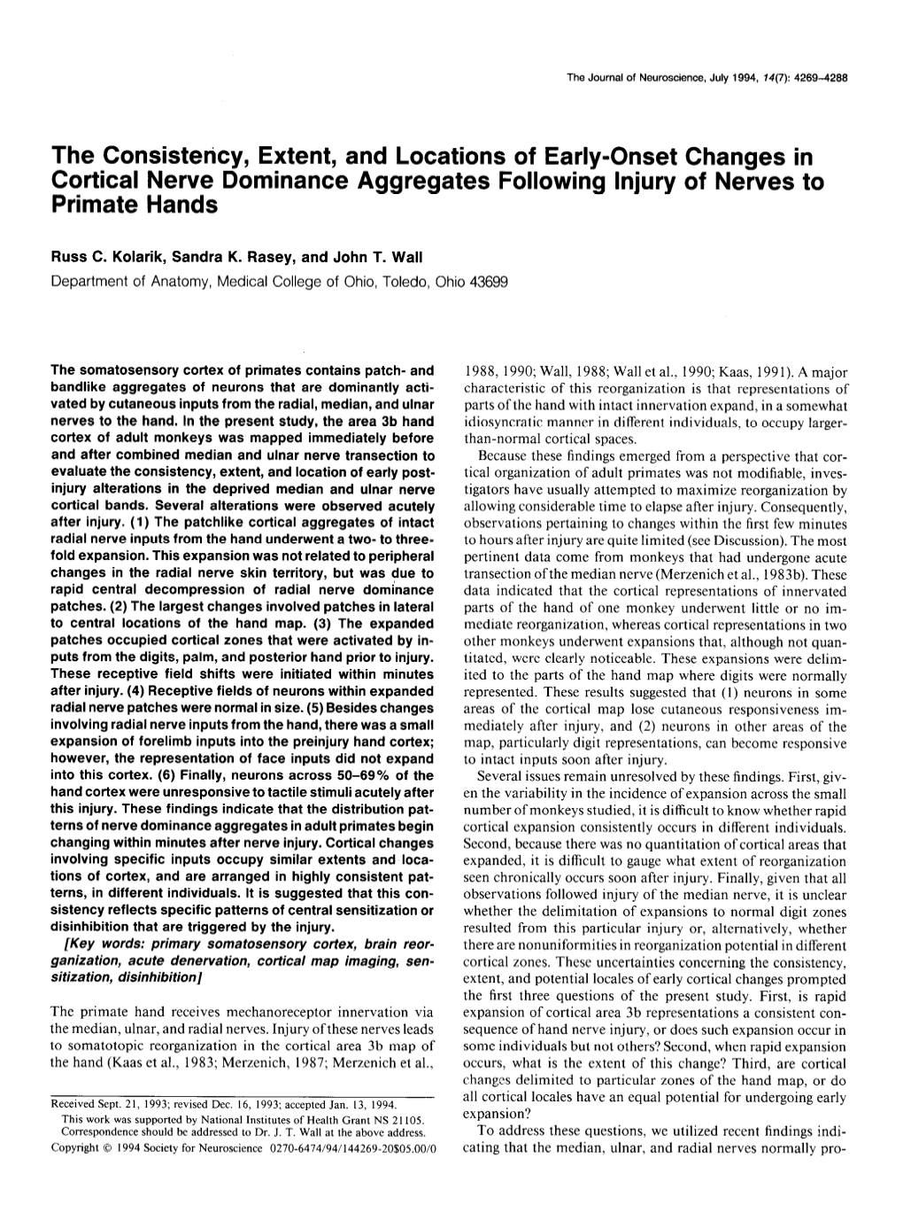 The Consistericy, Extent, and Locations of Early-Onset Changes in Cortical Nerve Dominance Aggregates Following Injury of Nerves to Primate Hands