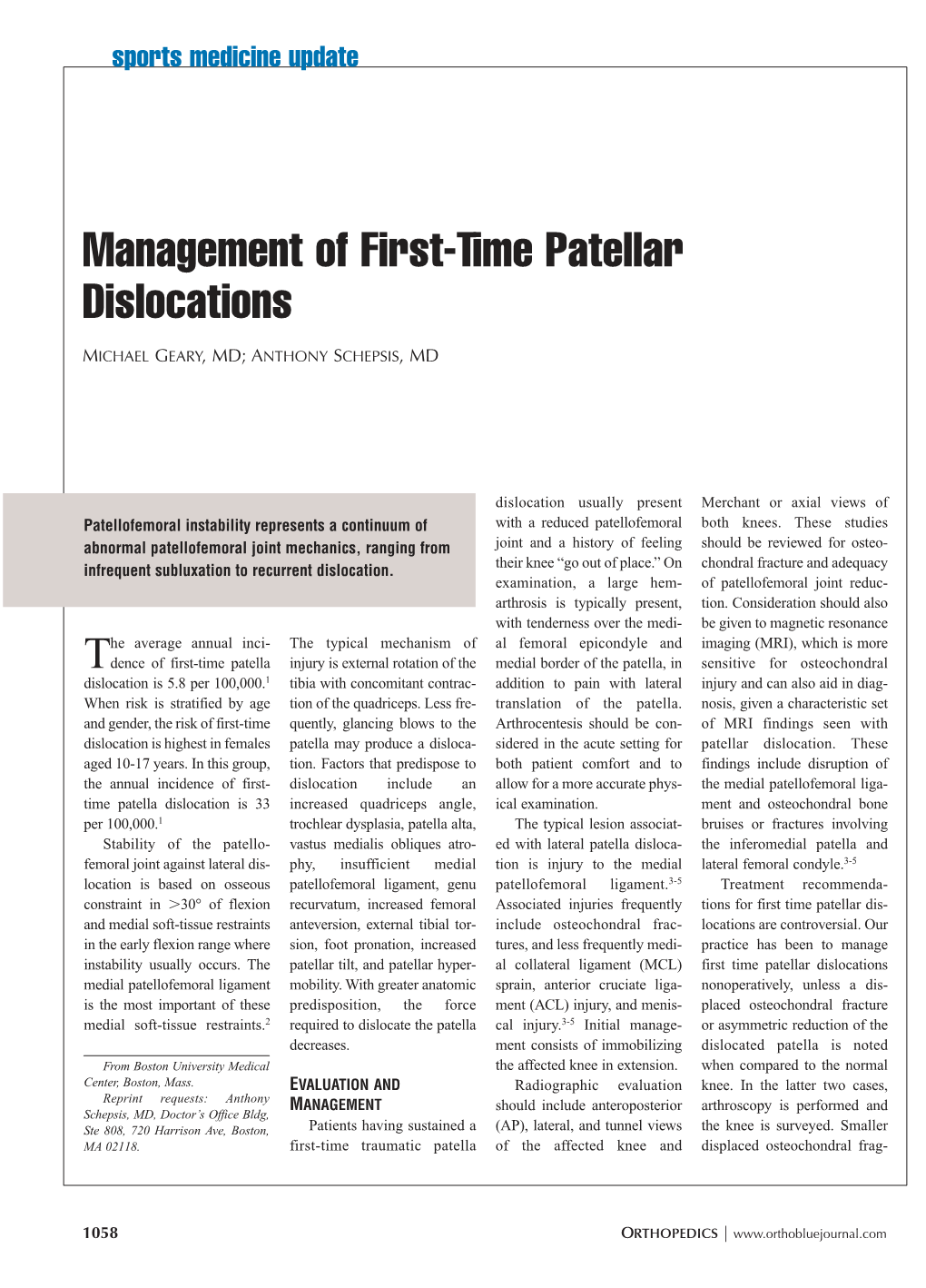 Management of First-Time Patellar Dislocations