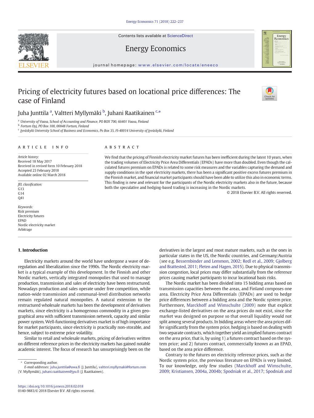 Pricing of Electricity Futures Based on Locational Price Differences: the Case of Finland