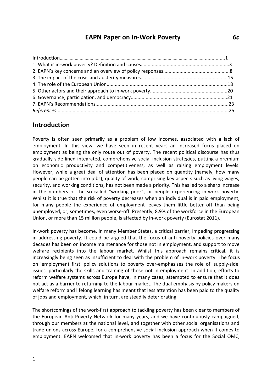 EAPN Position Paper on In-Work Poverty