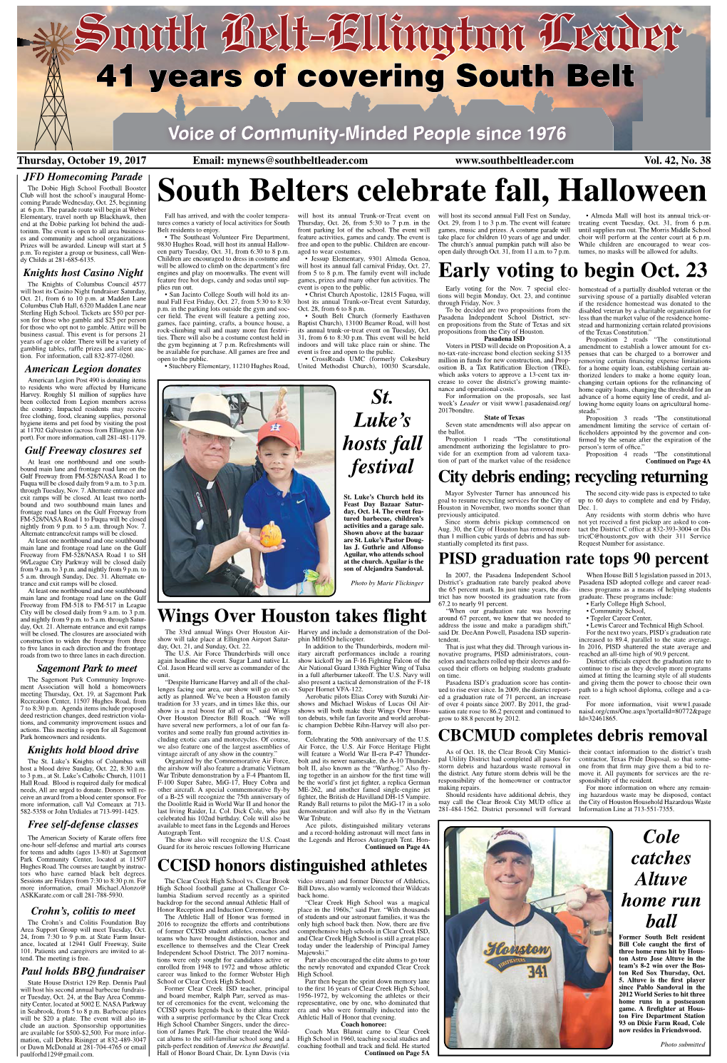 Thursday, October 19, 2017 Email: Mynews@Southbeltleader.Com Vol