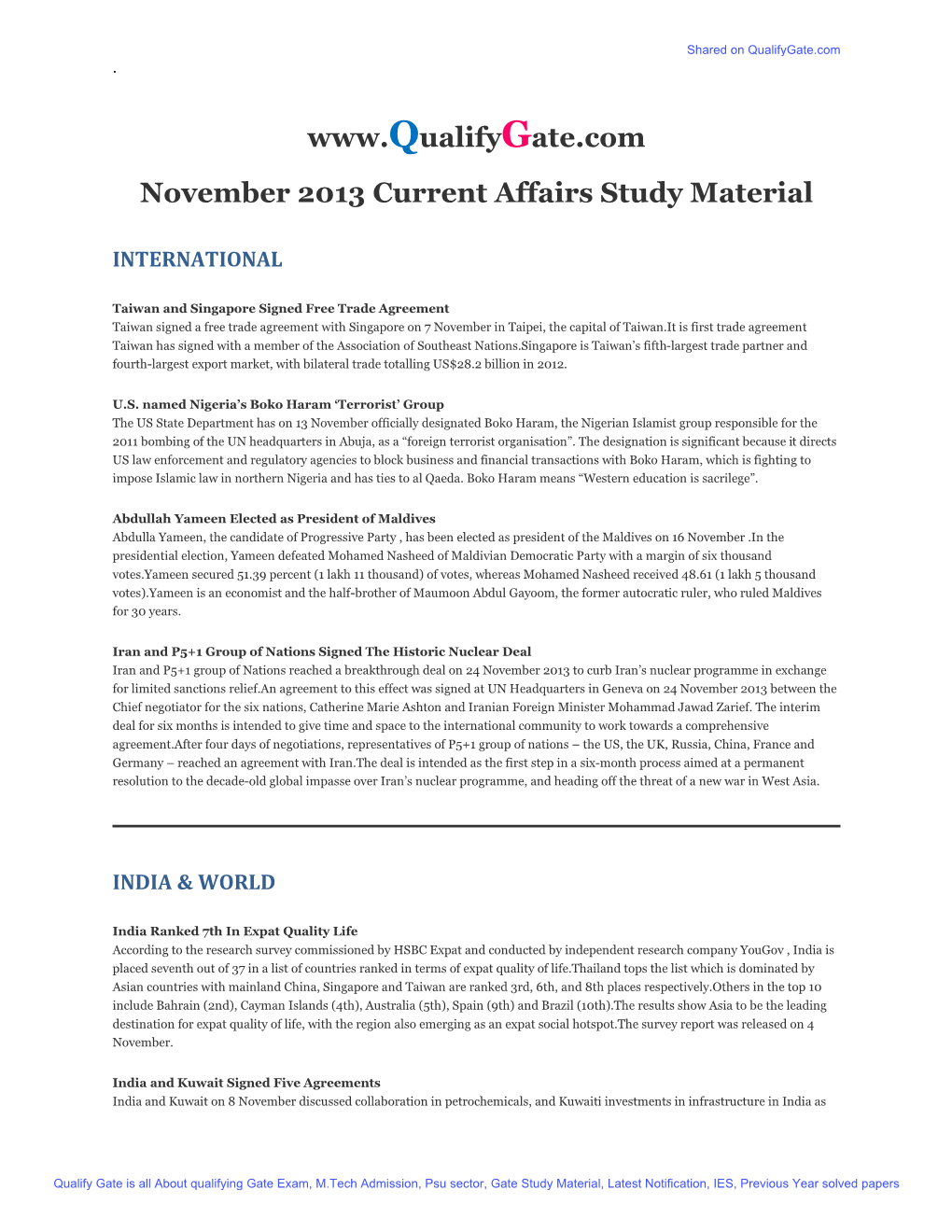 November 2013 Current Affairs Study Material