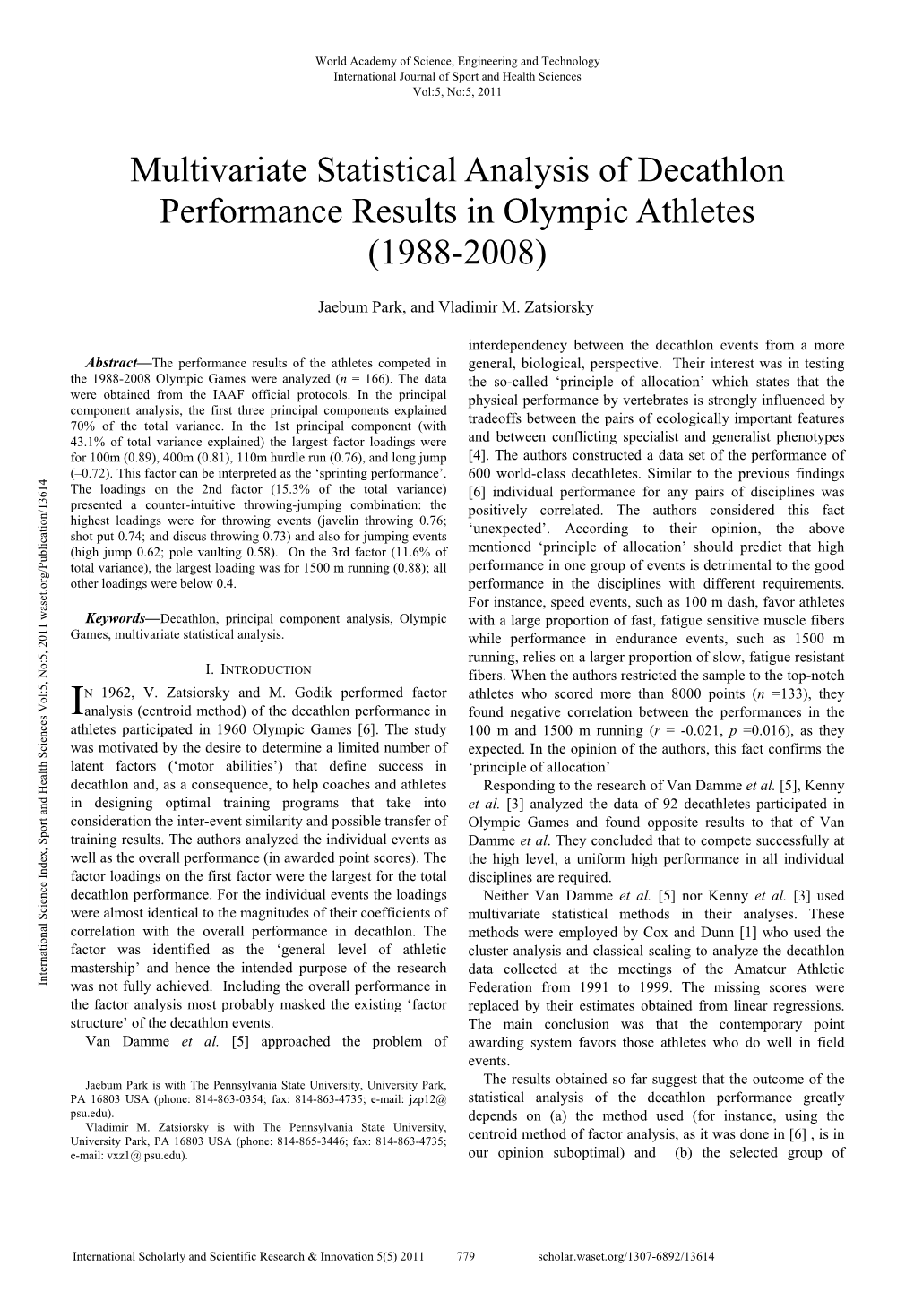 Multivariate Statistical Analysis of Decathlon Performance Results in Olympic Athletes (1988-2008)