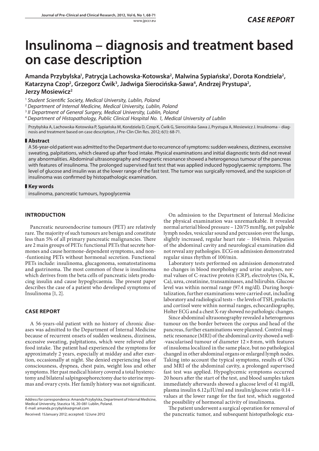 Insulinoma – Diagnosis and Treatment Based on Case Description