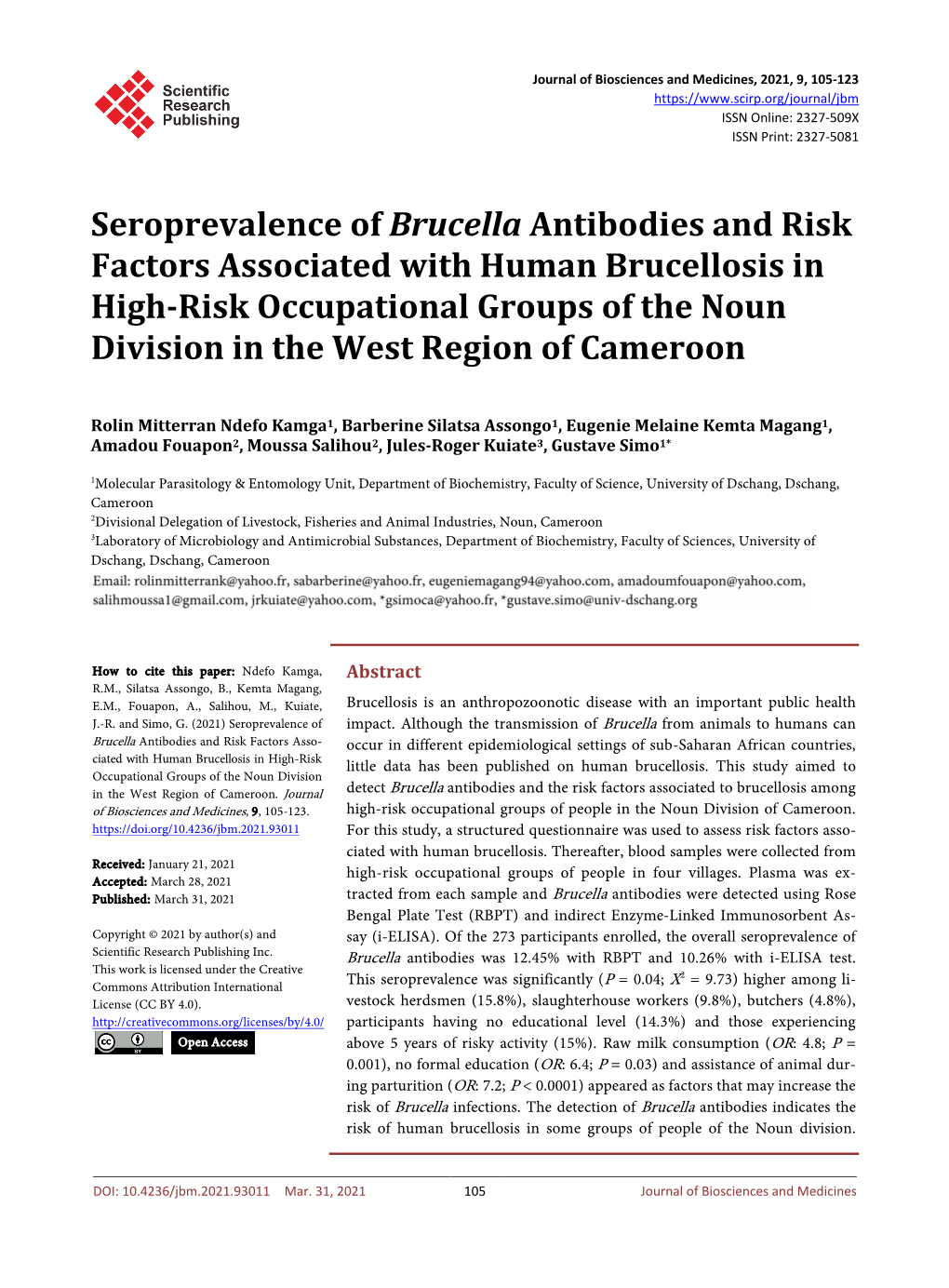 Seroprevalence of Brucella Antibodies and Risk Factors Associated With