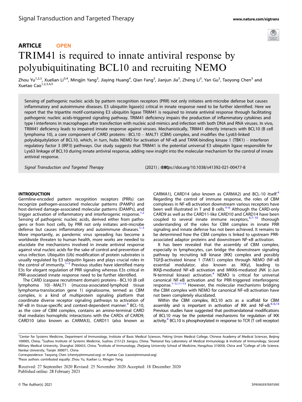 TRIM41 Is Required to Innate Antiviral Response by Polyubiquitinating BCL10 and Recruiting NEMO