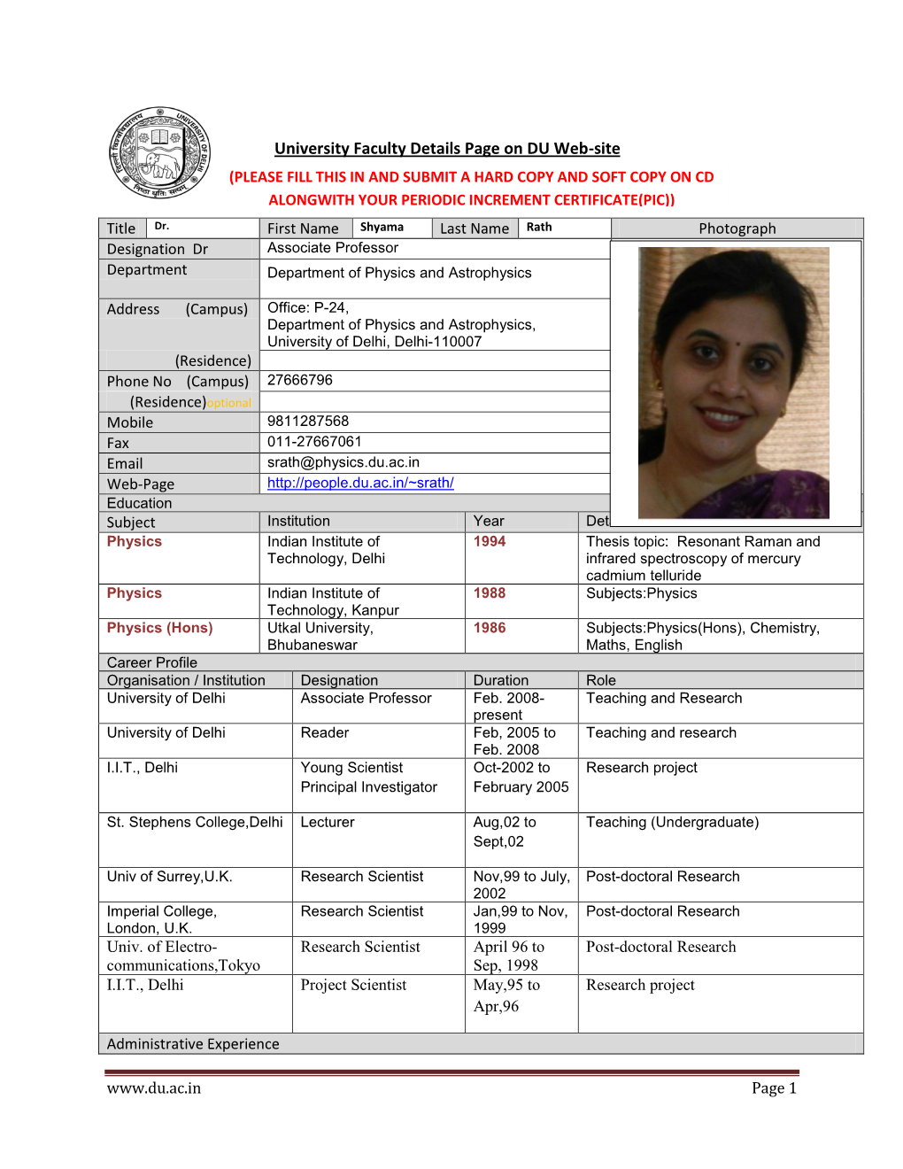 University Faculty Details Page on DU Web-Site