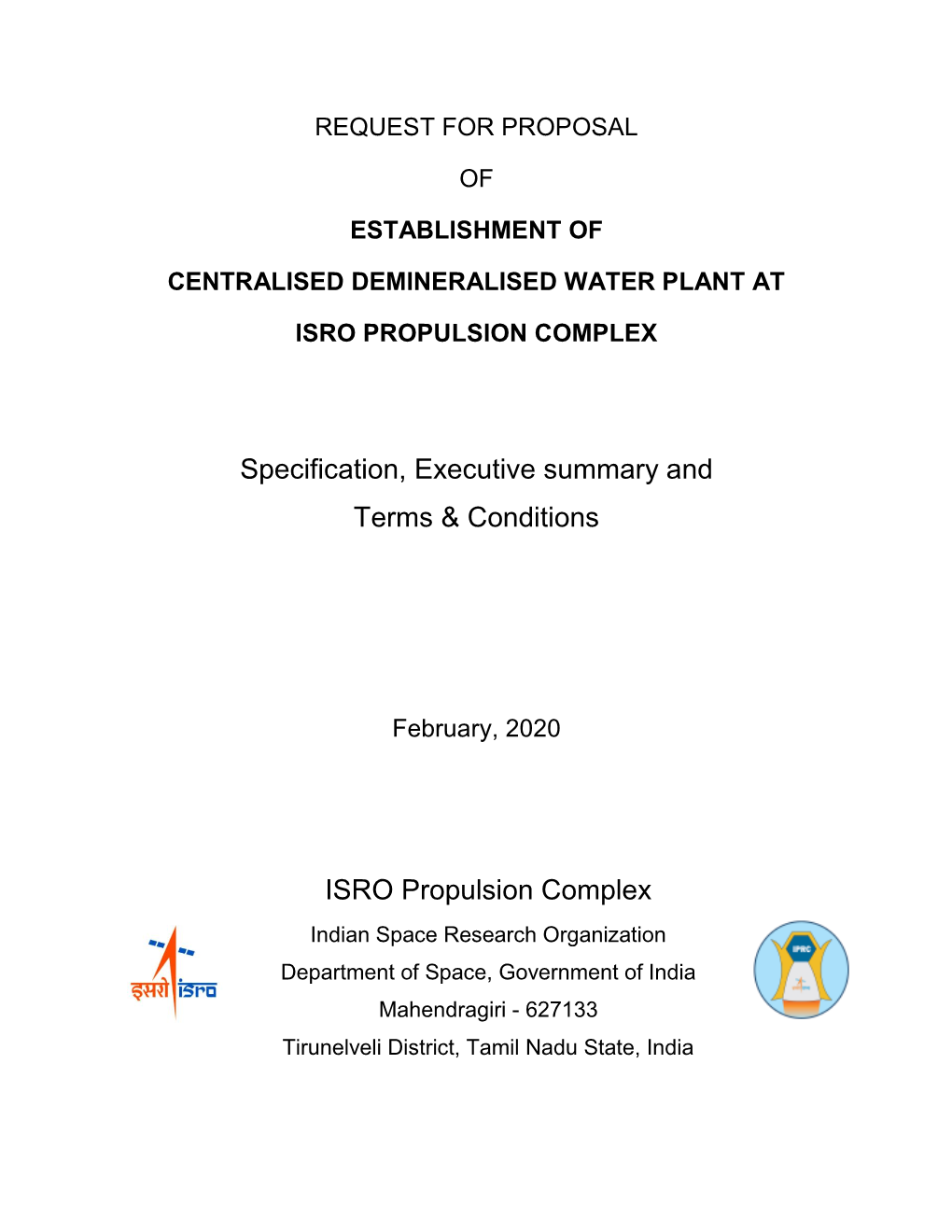 Specification, Executive Summary and Terms & Conditions ISRO