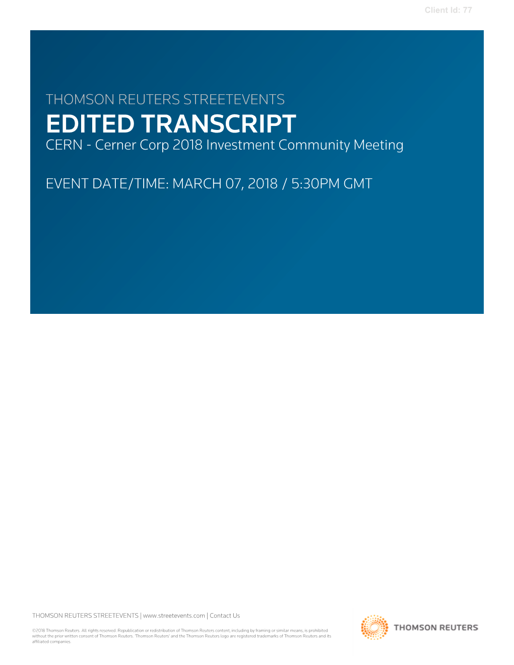 Cerner Corp 2018 Investment Community Meeting on March 07, 2018 / 5:30PM