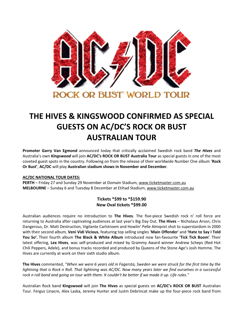 The Hives & Kingswood Confirmed As Special Guests on Ac/Dc's Rock Or Bust Australian Tour