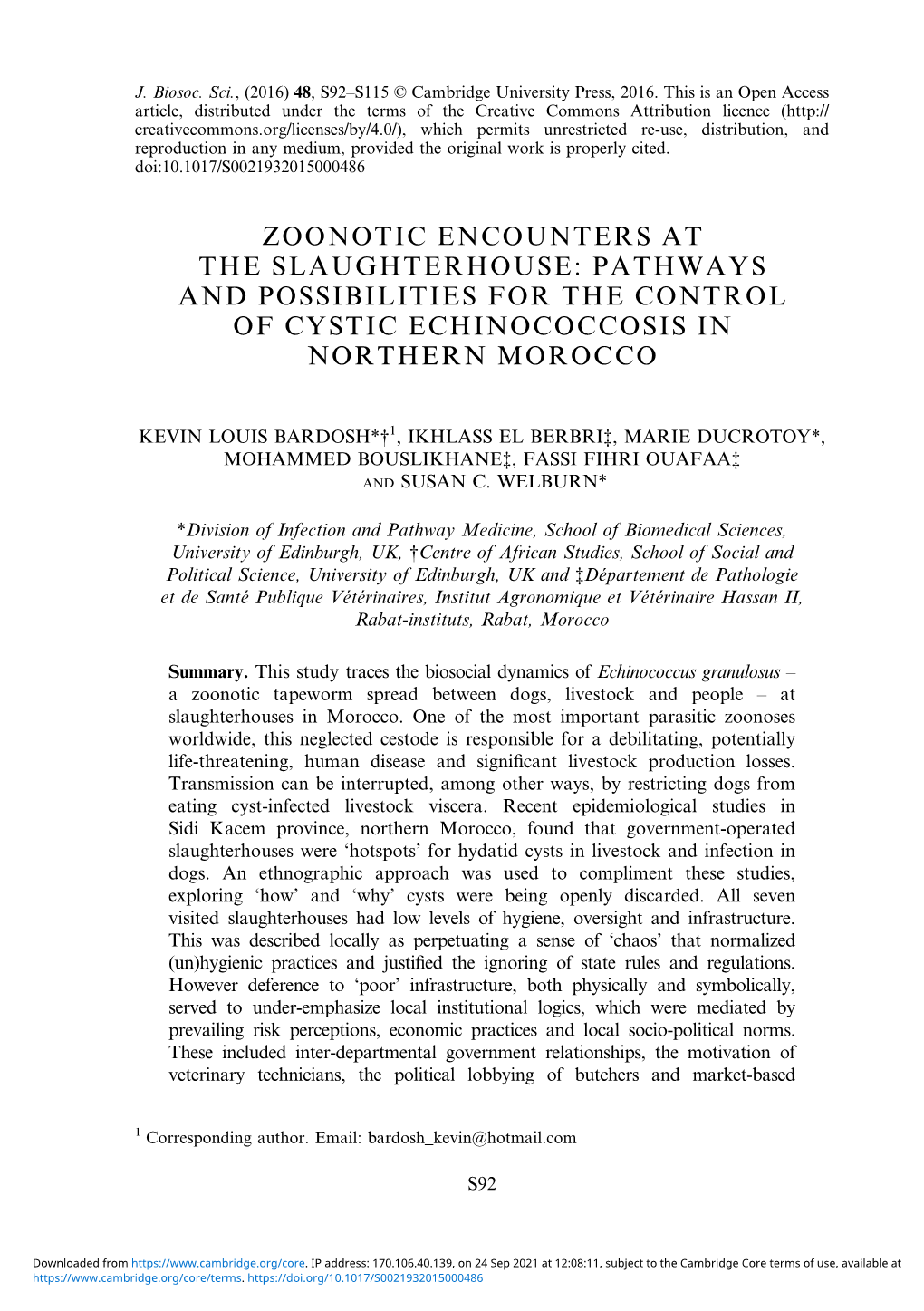 Zoonotic Encounters at the Slaughterhouse: Pathways and Possibilities for the Control of Cystic Echinococcosis in Northern Morocco