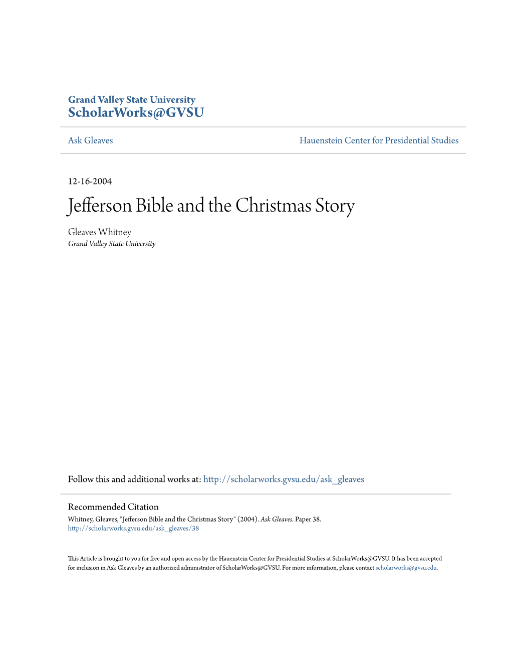 Jefferson Bible and the Christmas Story Gleaves Whitney Grand Valley State University