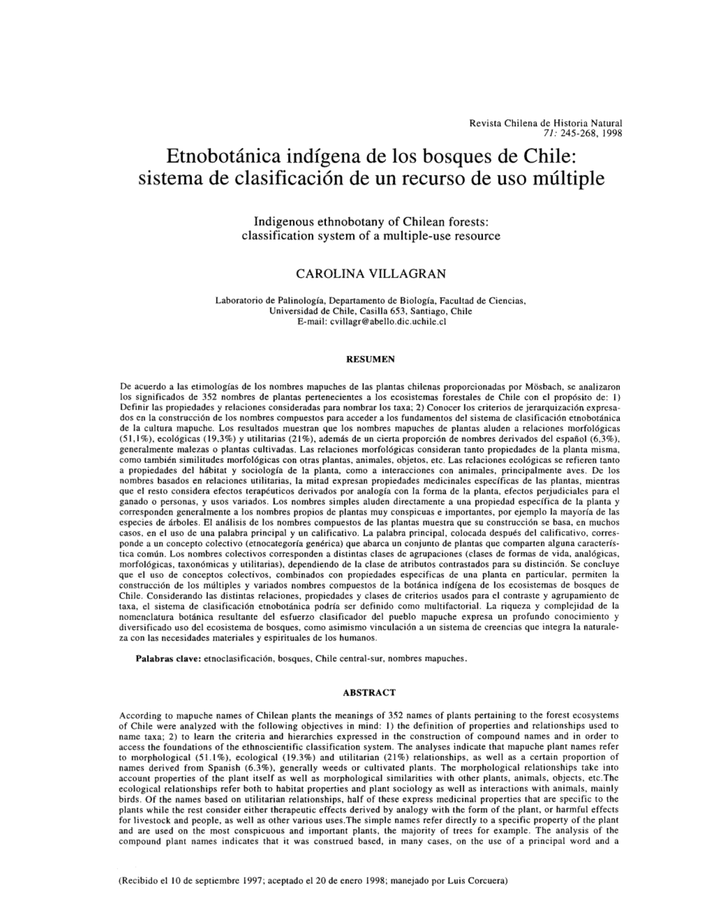 Etnobotánica Indígena De Los Bosques De Chile: Sistema De Clasificación De Un Recurso De Uso Múltiple