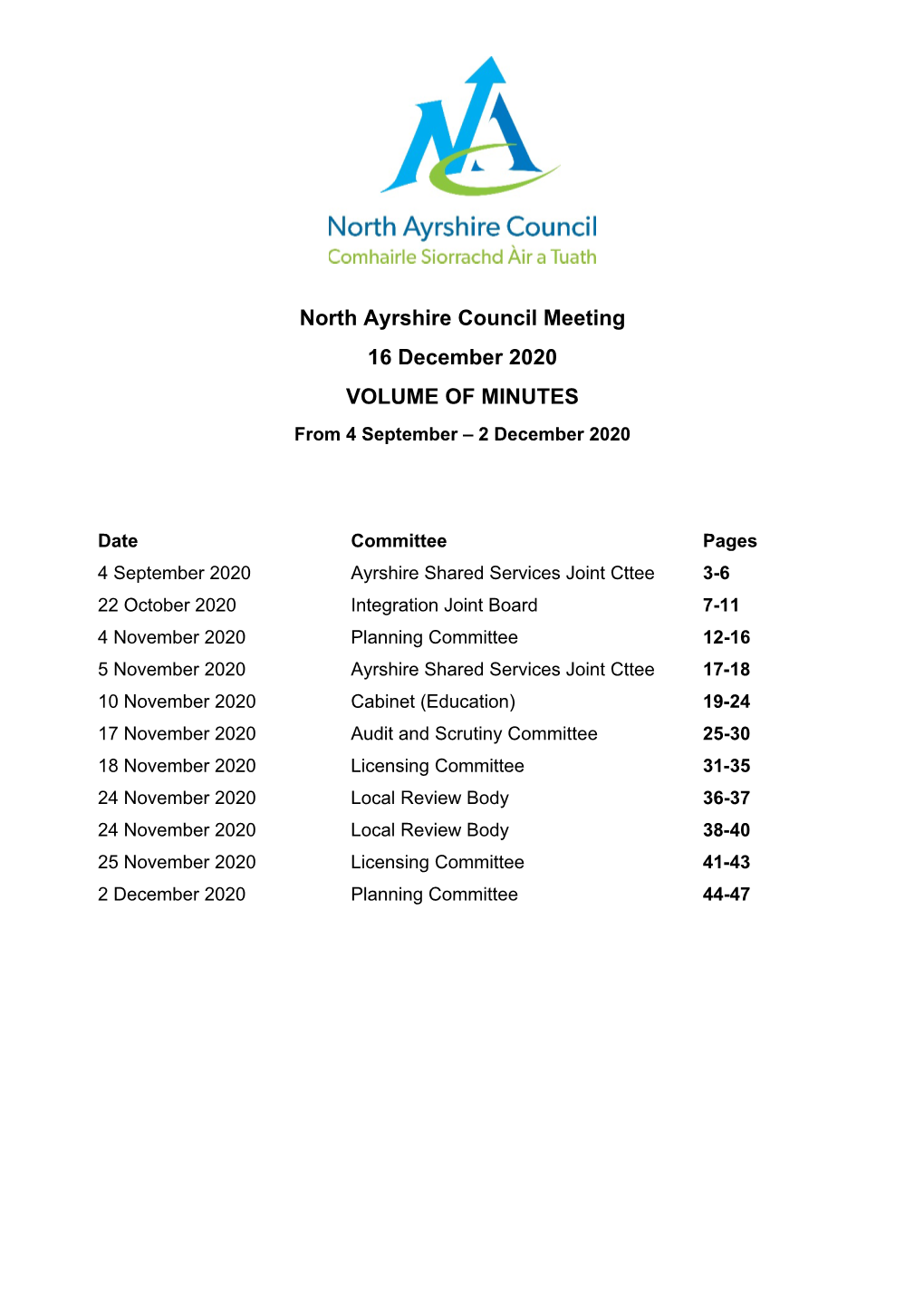 North Ayrshire Council Meeting 16 December 2020 VOLUME of MINUTES from 4 September – 2 December 2020